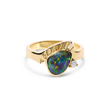 9k gold opal ring with diamond deep blue and green colours