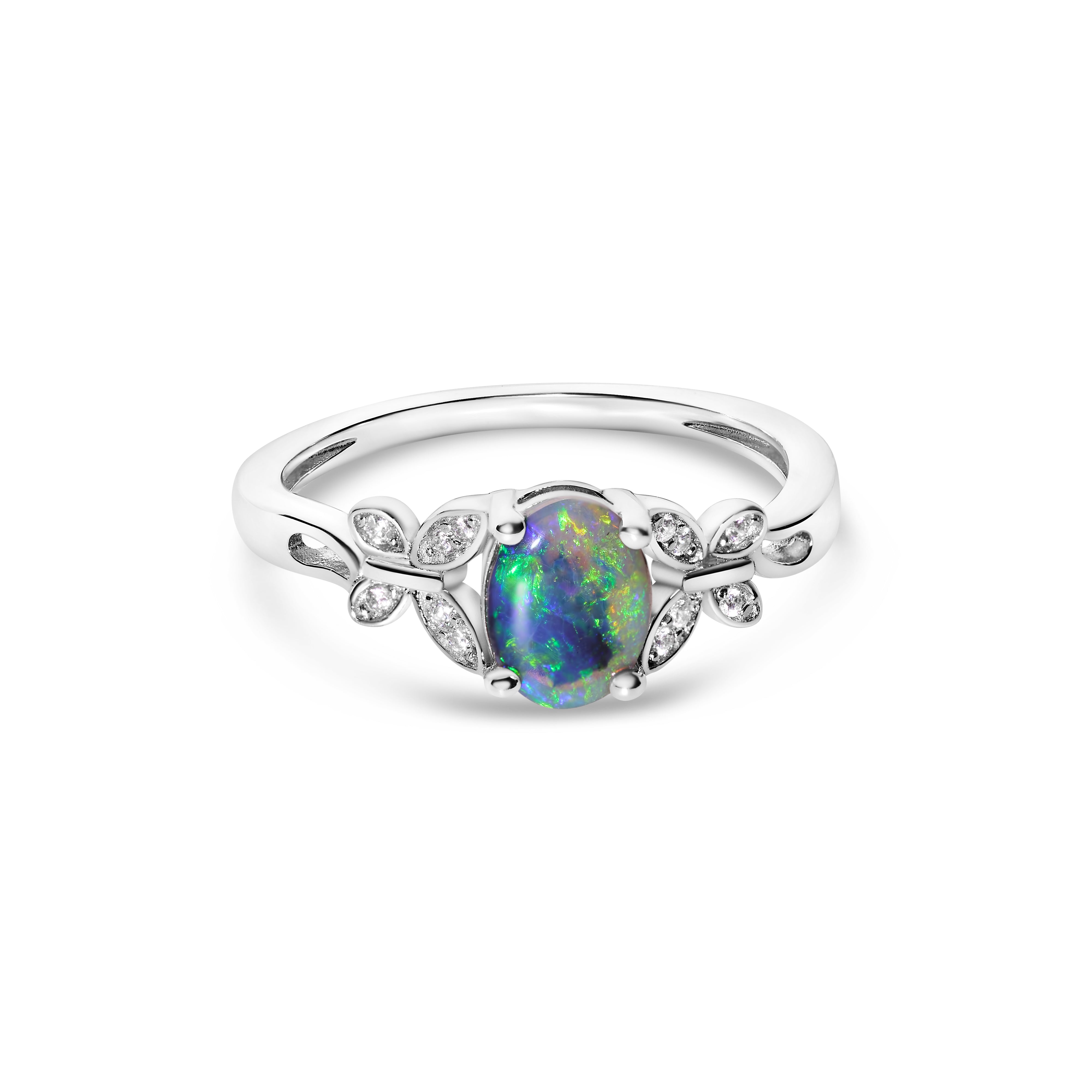 opal ring elegant unique design sterling silver cubic zirconia's butterfly's, blue green, yellow stone colours