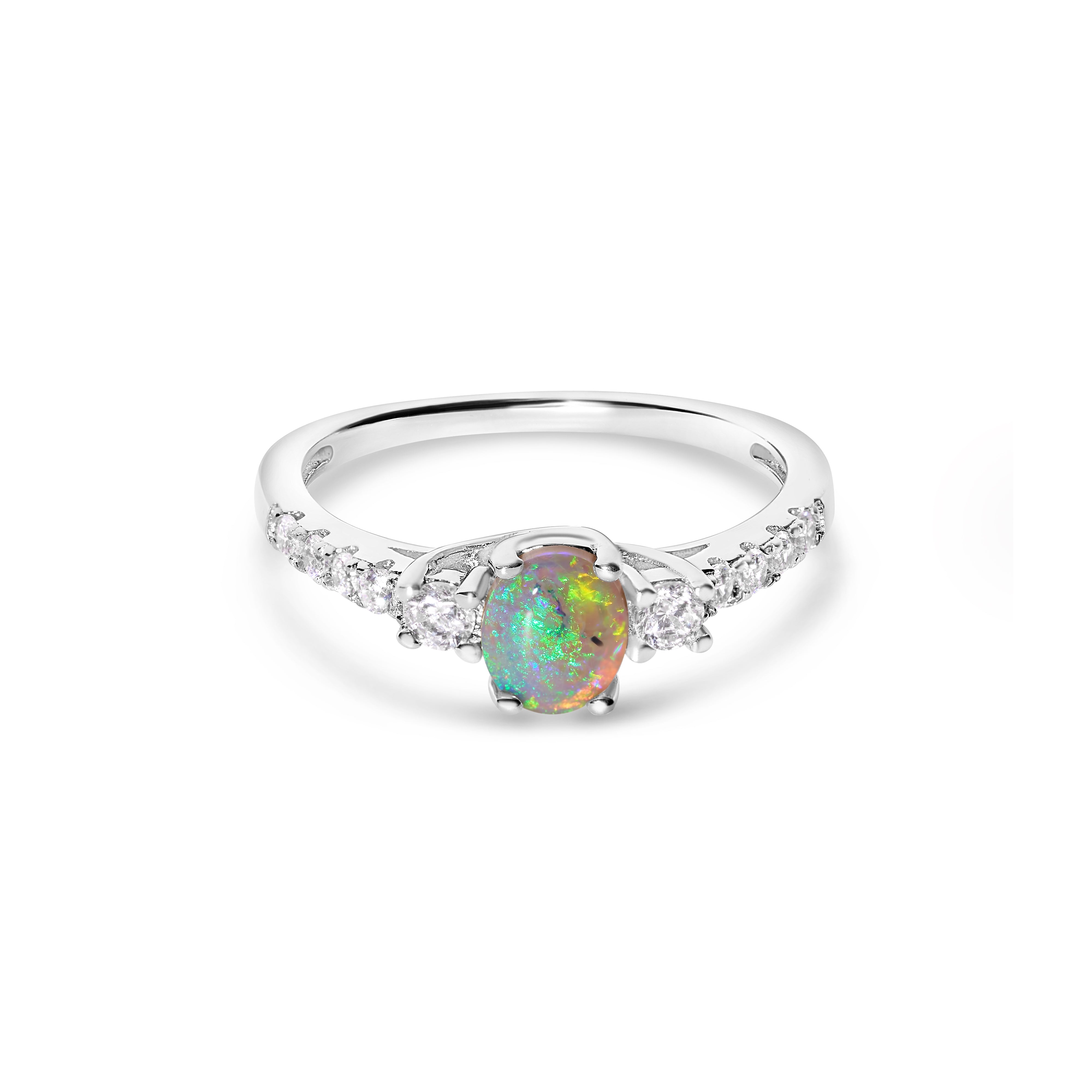 crystal opal ring elegant engagement design sterling silver cubic zirconia's, bright green and orange stone colours