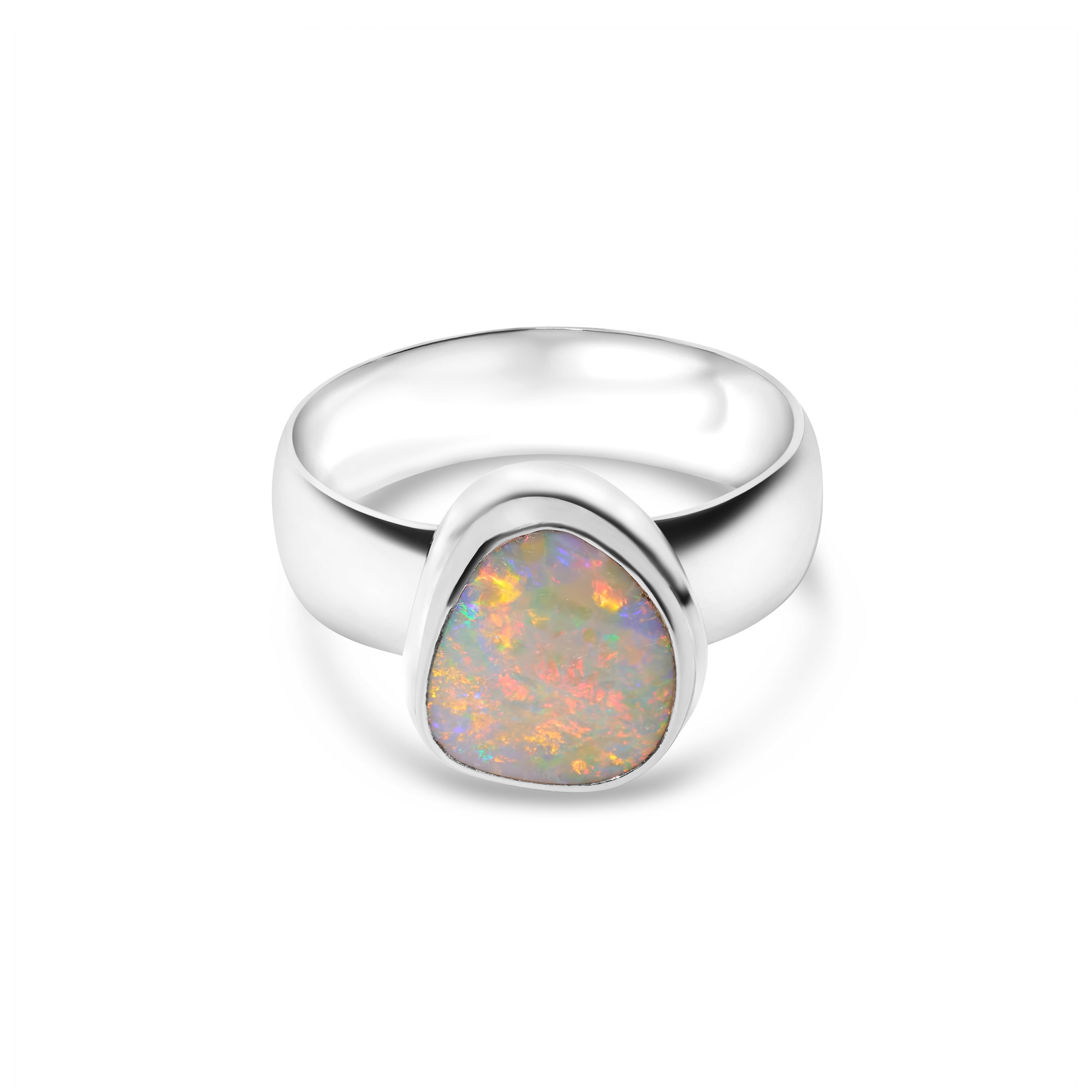 solid opal ring bezel style sterling silver red, green, blue stone colours