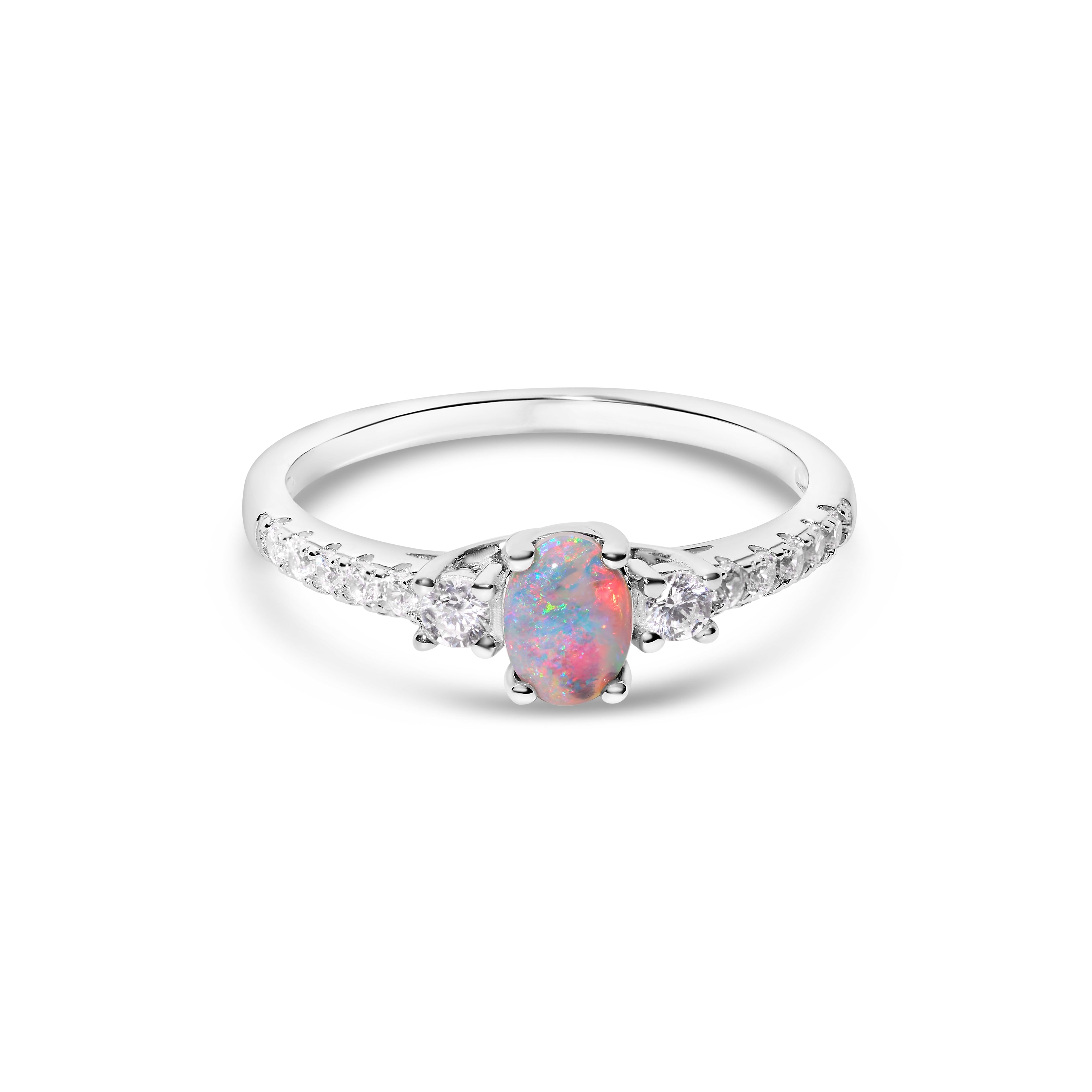 crystal opal ring elegant engagement design sterling silver cubic zirconia's, red, green and blue stone colours