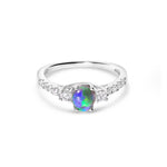 black opal ring elegant engagement design sterling silver claw ring, purple, green and blue stone colours