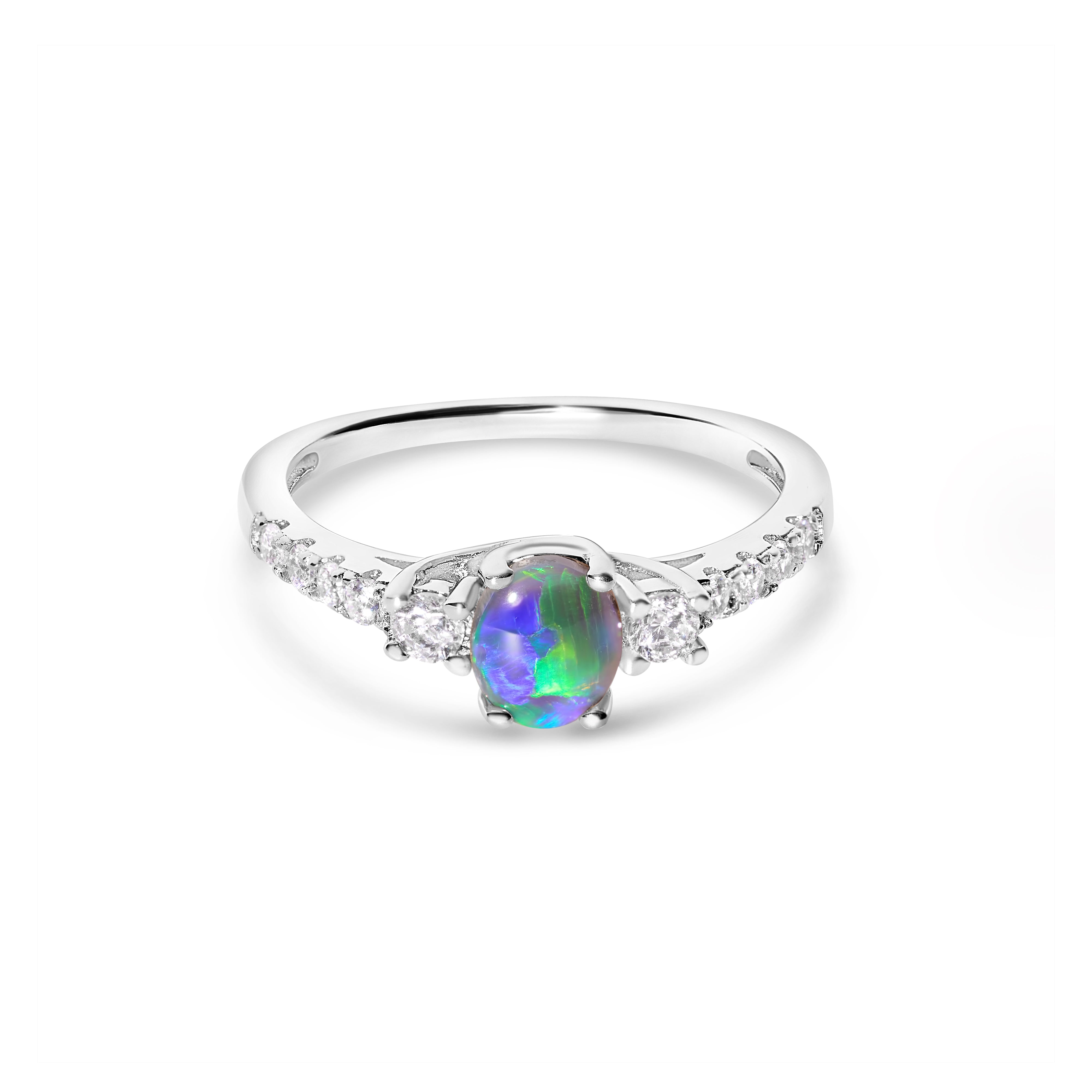 black opal ring elegant engagement design sterling silver claw ring, purple, green and blue stone colours