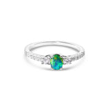 opal ring elegant engagement design sterling silver cubic zirconia's, blue green, yellow stone colours