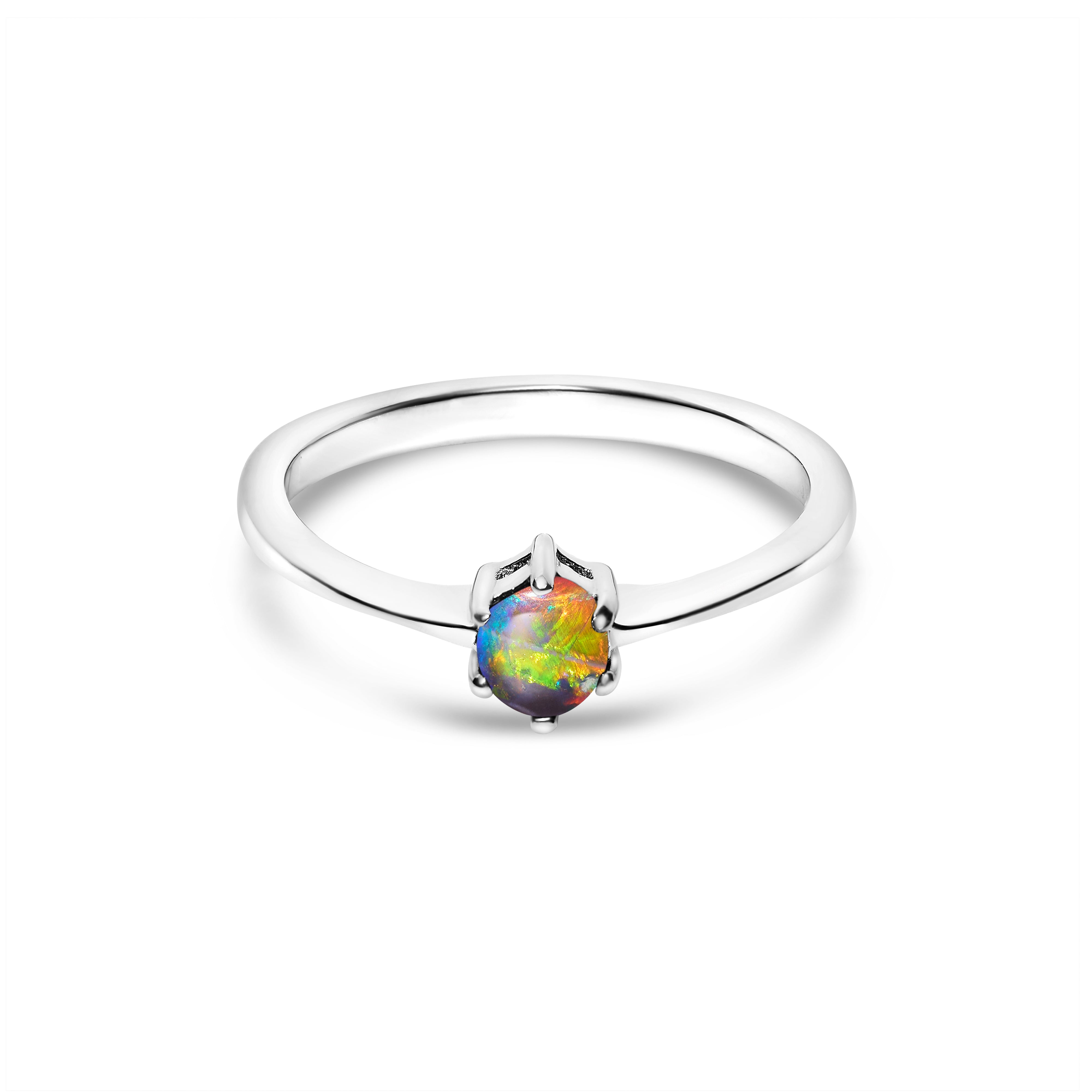 black opal ring elegant design sterling silver claw ring, red, green and orange stone colours