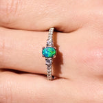 opal ring elegant engagement design sterling silver cubic zirconia's, blue green, yellow stone colours