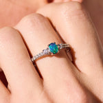 opal ring elegant engagement design sterling silver cubic zirconia's, blue green, yellow stone colours