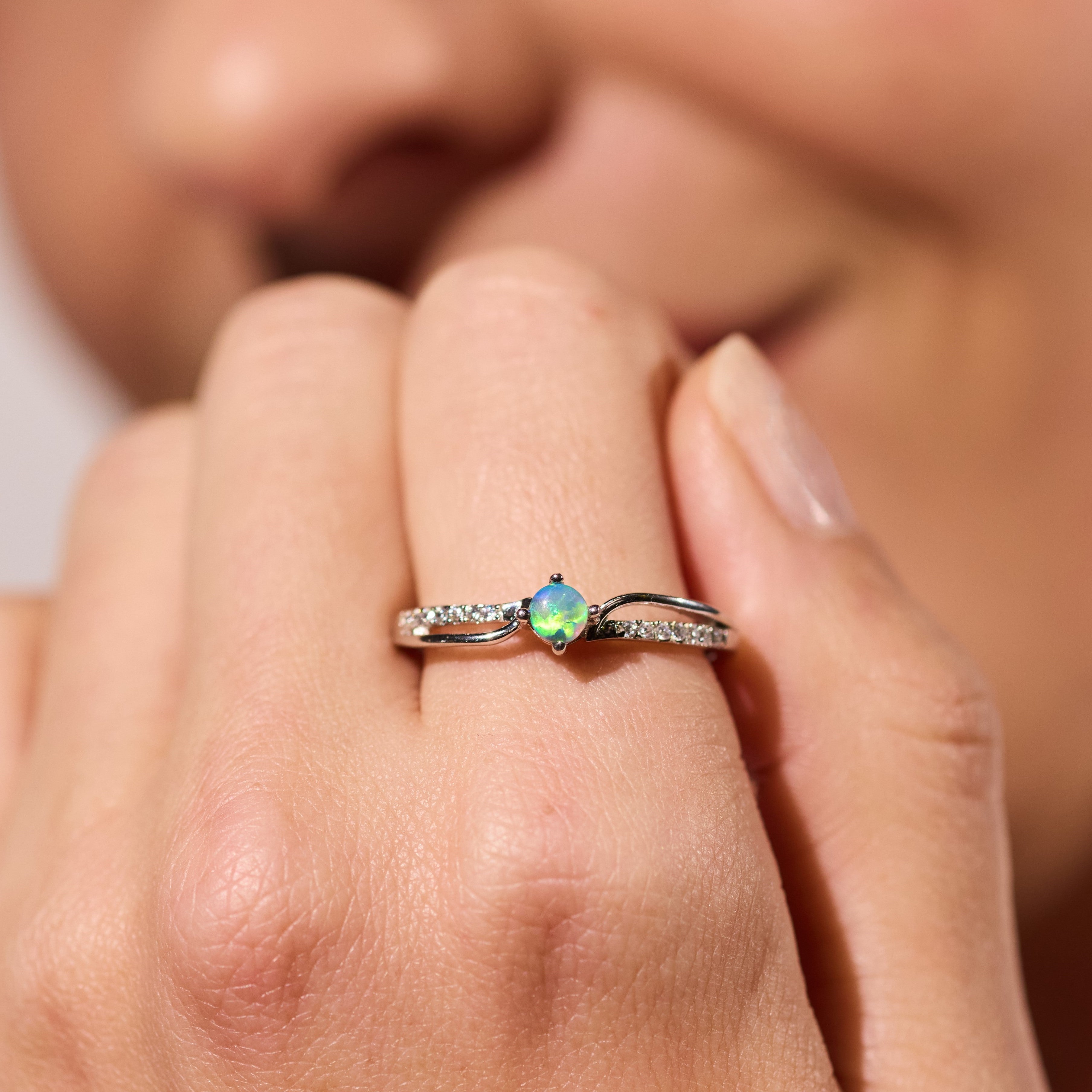 opal ring elegant engagement design sterling silver cubic zirconia's, blue green, yellow stone colours