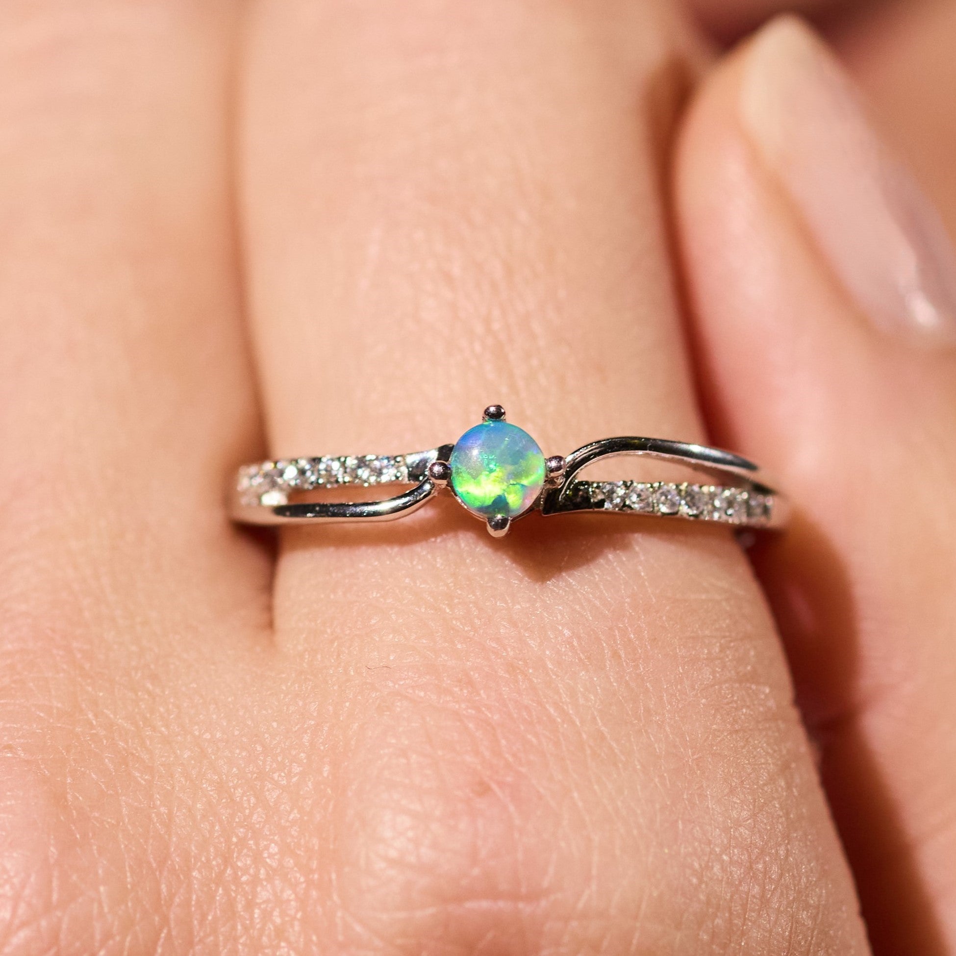 opal ring elegant engagement design sterling silver cubic zirconia's, blue green, yellow stone colours