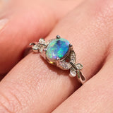 opal ring elegant unique design sterling silver cubic zirconia's butterfly's, blue green, yellow stone colours