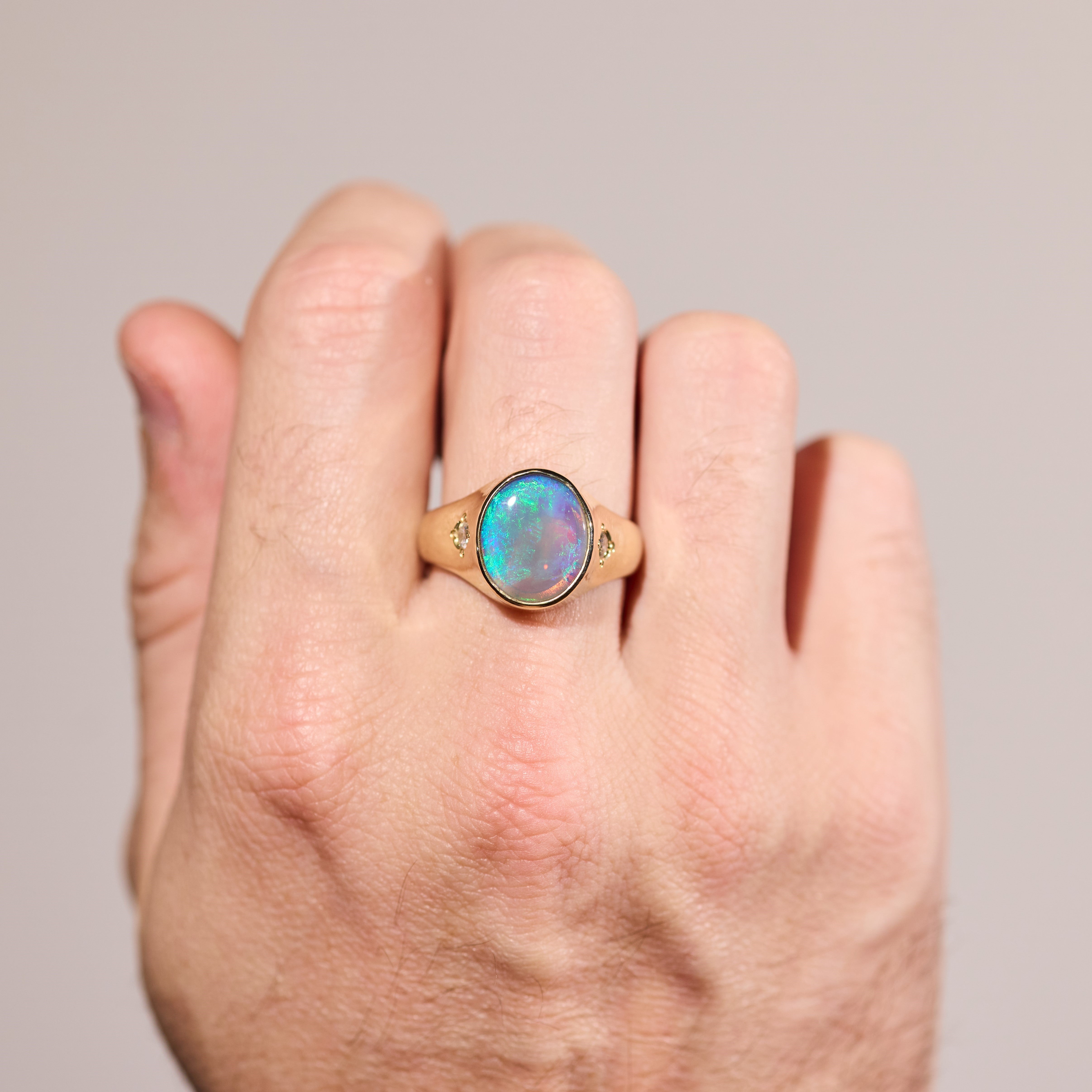 9k gold ring Australian opal with diamonds blue aqua green