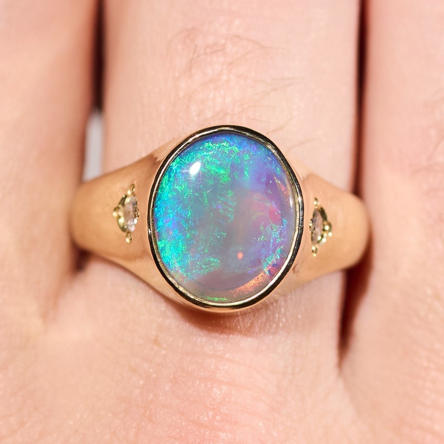 9k gold ring with diamonds Australian solid opal blue green 