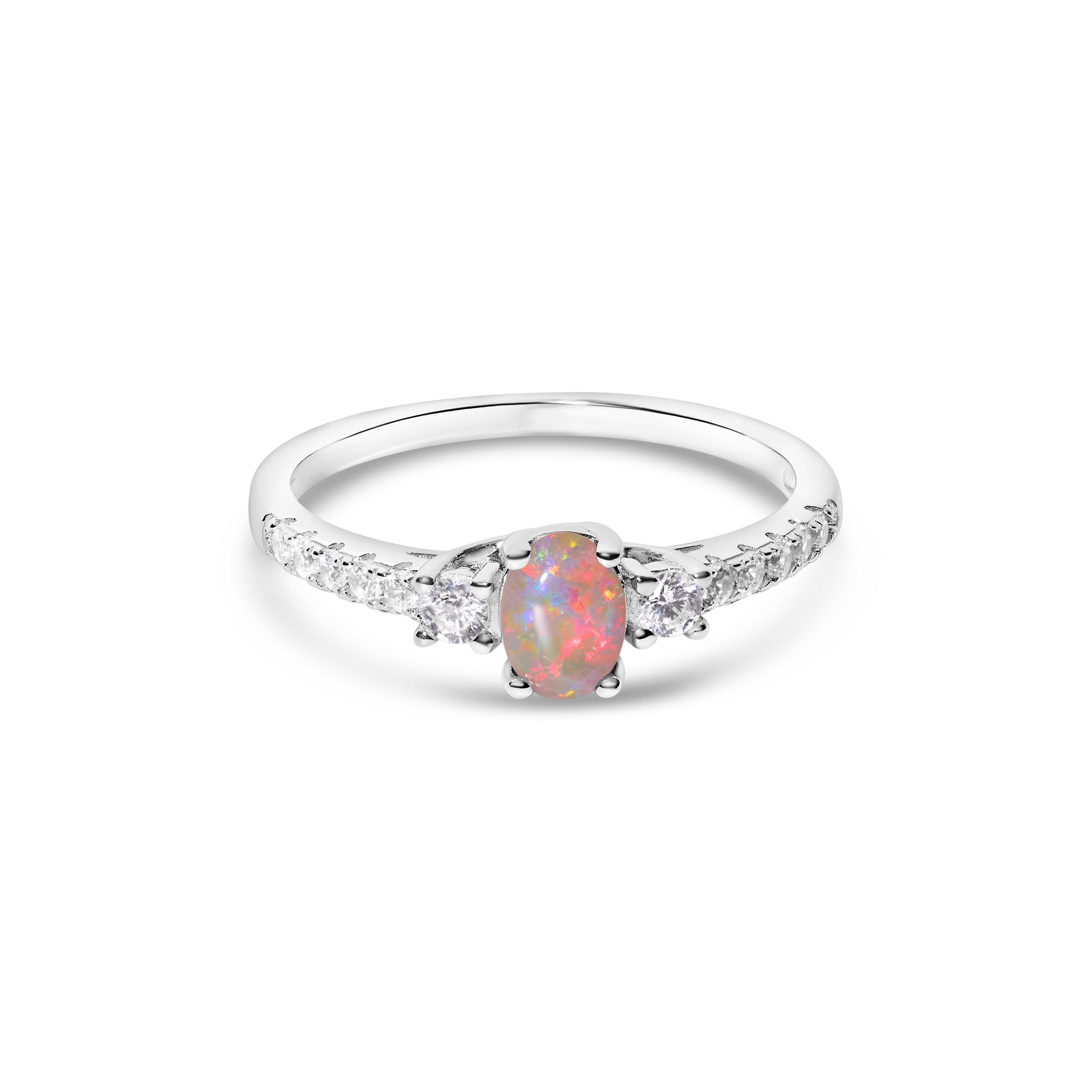 crystal opal ring elegant engagement design sterling silver cubic zirconia's claw ring, reds, orange stone colours