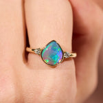 9k gold ring with diamonds solid opal blue green