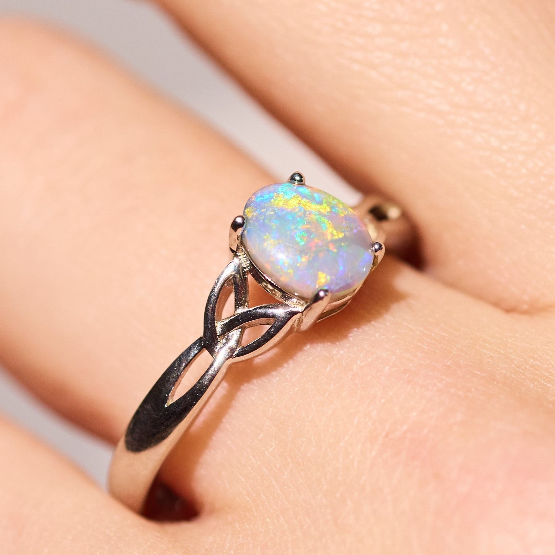 crystal opal ring elegant engagement design sterling silver claw ring, red, blue and green stone colours